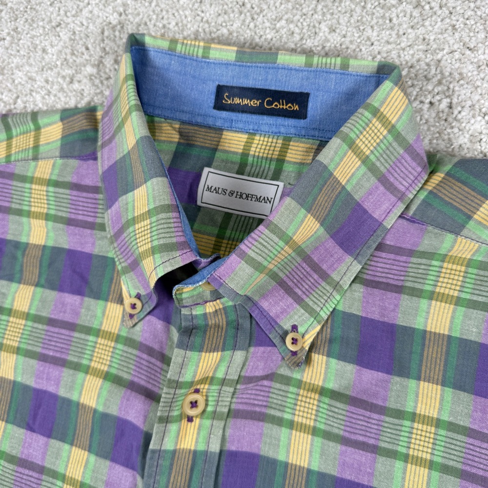 Maus & Hoffman Button Down Mens Large Purple Plaid Summer Cotton Short Sleeve